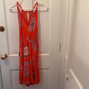 Floreat by Anthropologie halter dress, orange w/ bright colored medallions sz 4